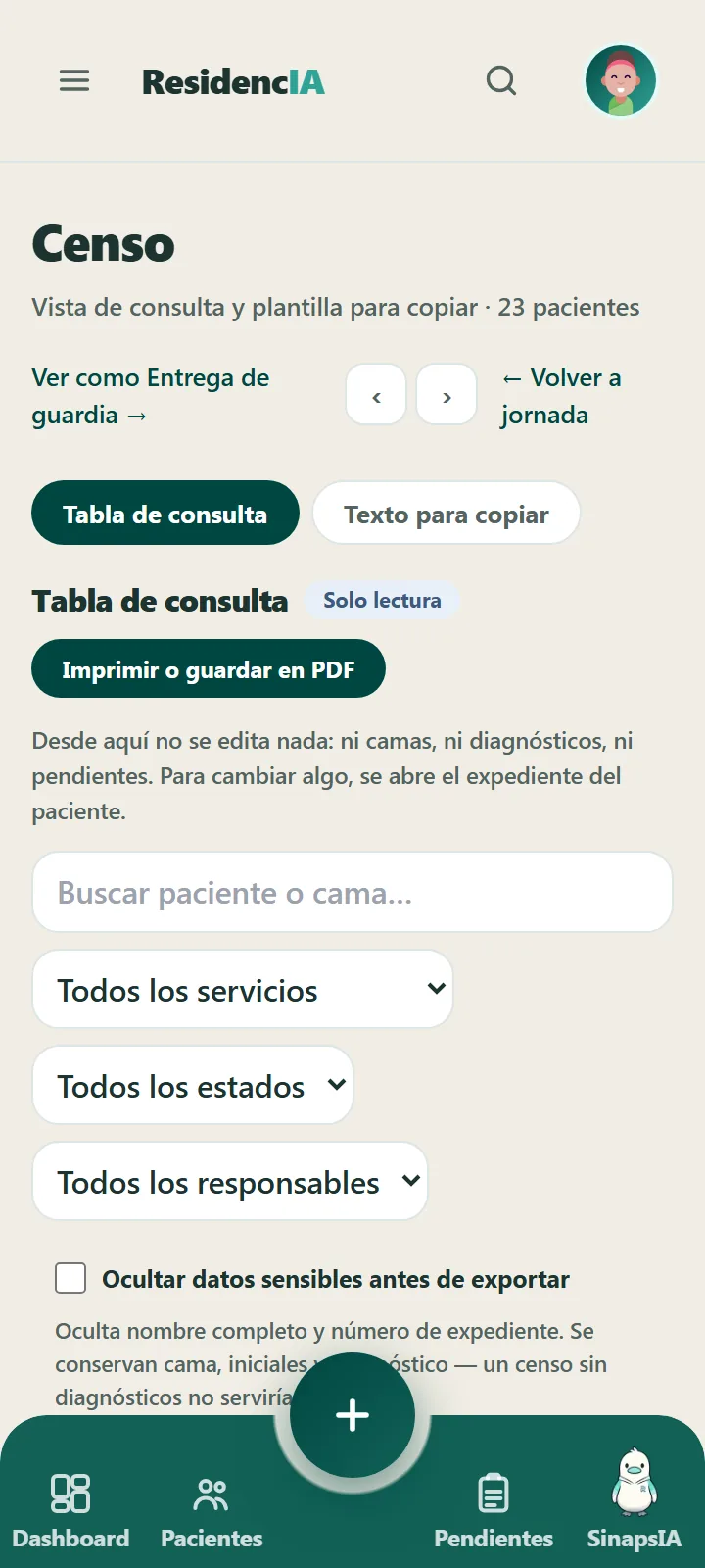 Censo en ResidencIA: tabla de consulta con 23 pacientes, filtros y botón para imprimir o guardar en PDF.