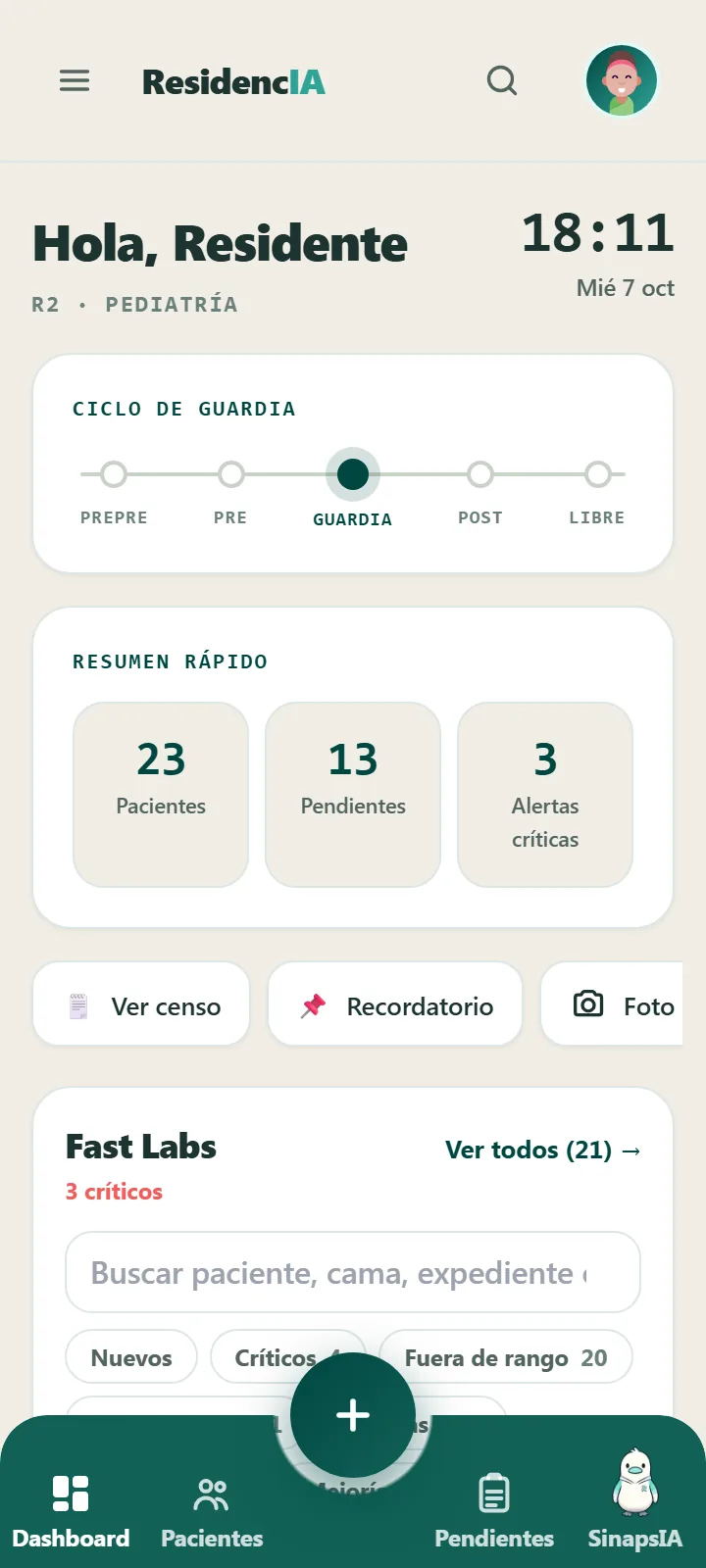 Pantalla de inicio de ResidencIA: ciclo de guardia, 23 pacientes, 13 pendientes y 3 alertas críticas.